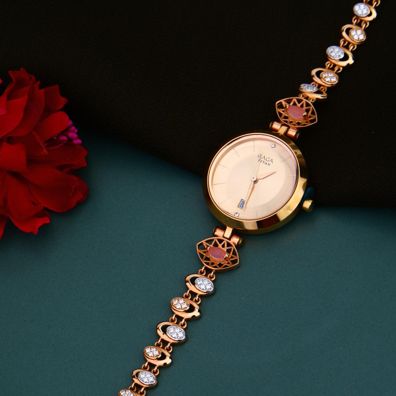 Pink Stone Round Dial Watch