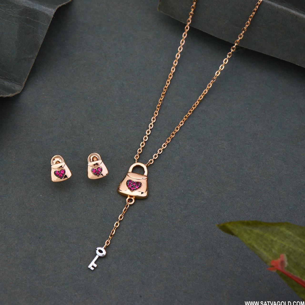 Rose Gold Lock And Key Pendant And Earring Set