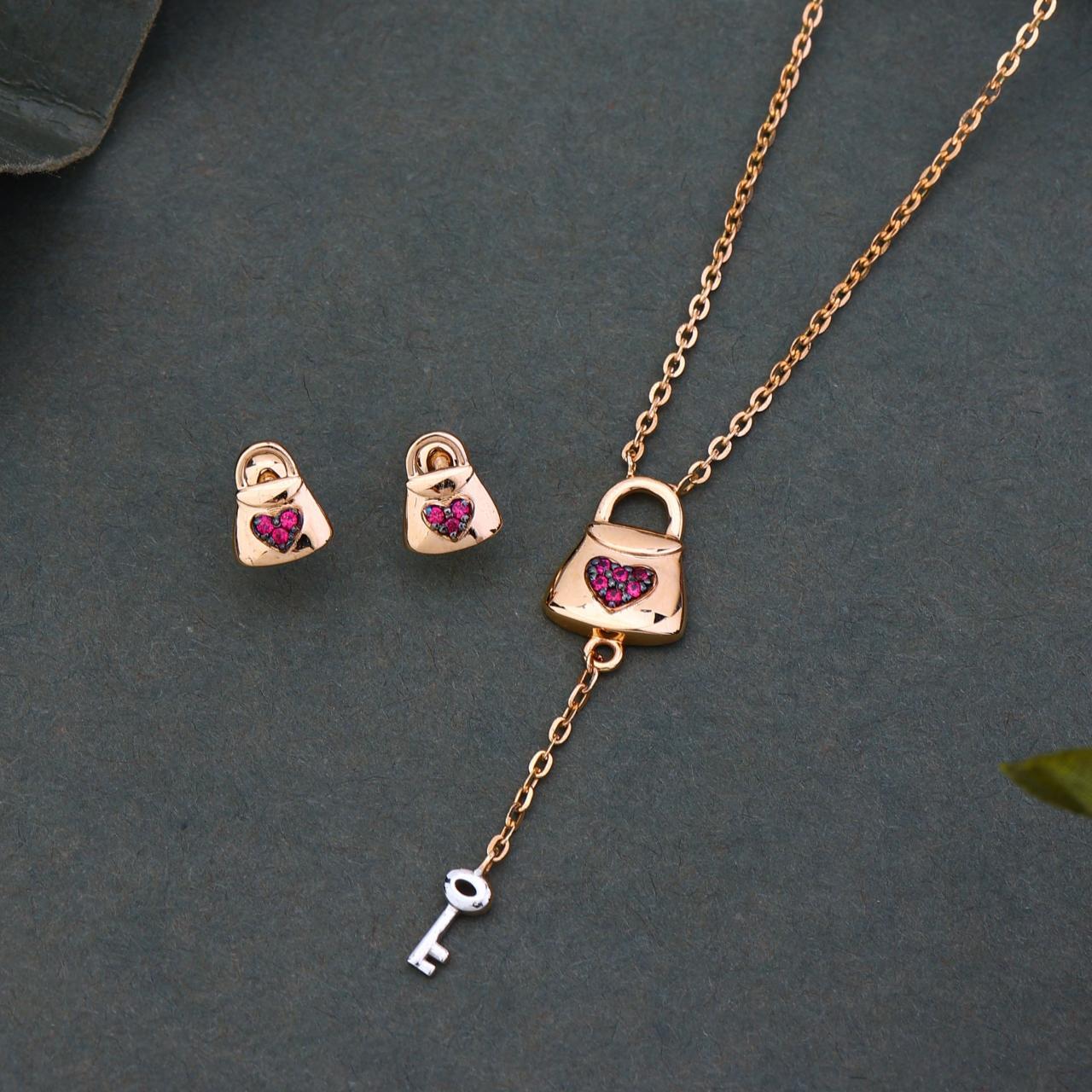 Rose Gold Lock And Key Pendant And Earring Set