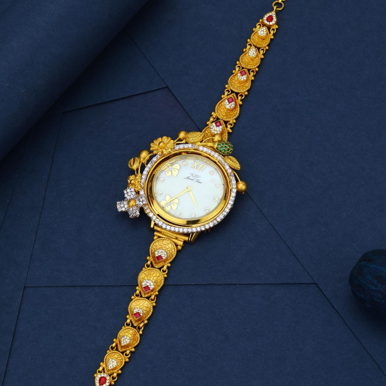 Luxury Gold Bracelet Watch With Floral Accents