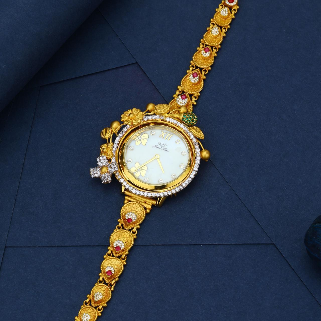 Luxury Gold Bracelet Watch With Floral Accents