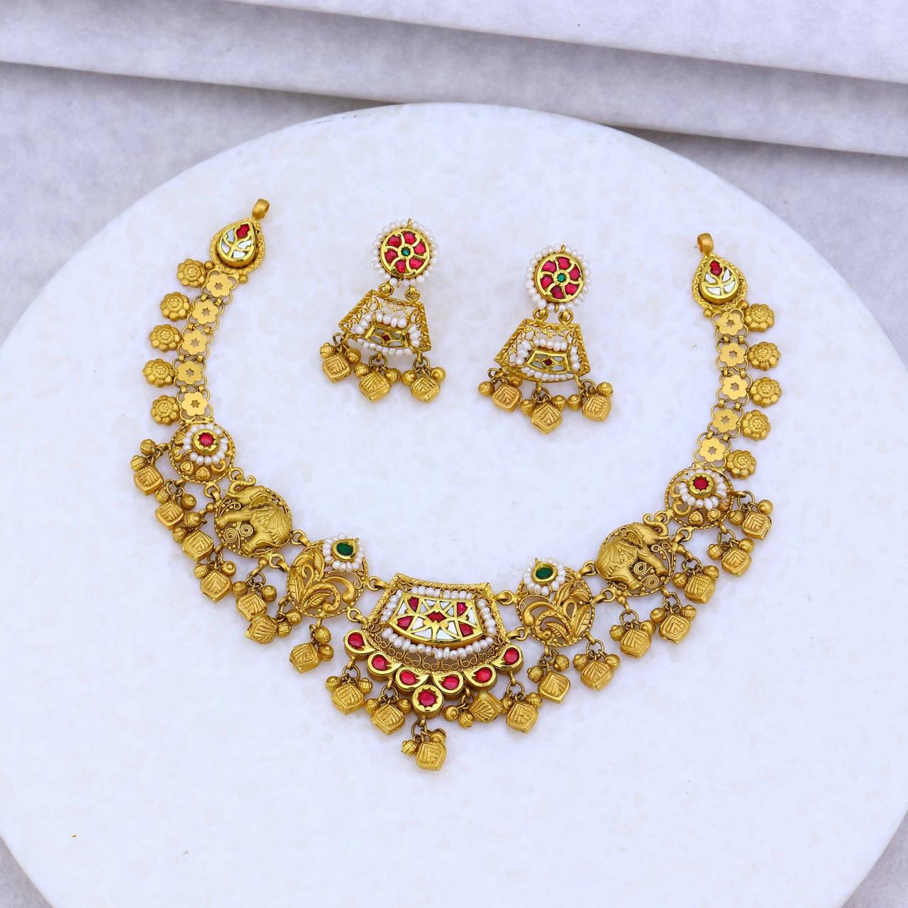 Antique Elephant Motif Gold Necklace And Earrings Set