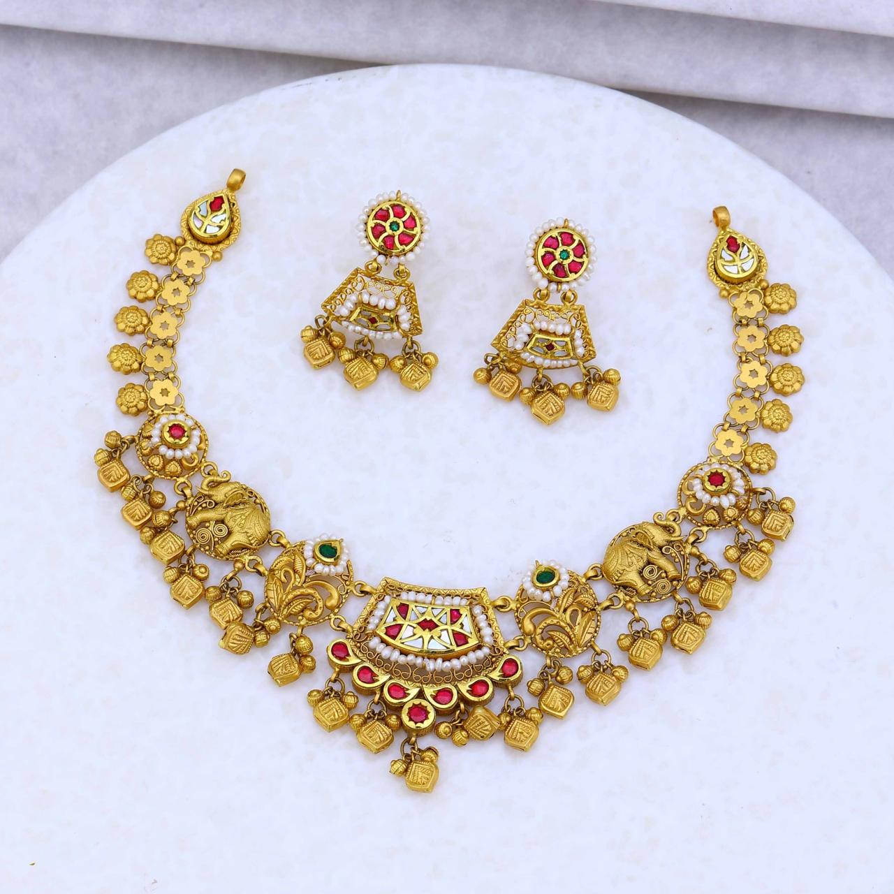 Antique Elephant Motif Gold Necklace And Earrings Set