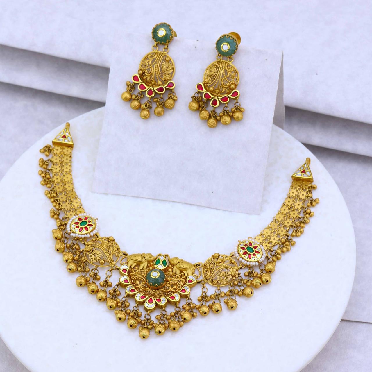 Antique Elephant & Floral Motif Gold Necklace And Earrings Set