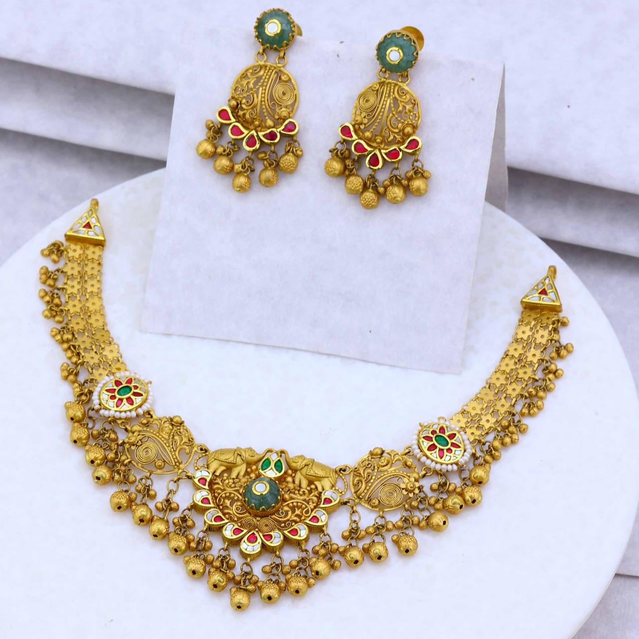 Antique Elephant & Floral Motif Gold Necklace And Earrings Set