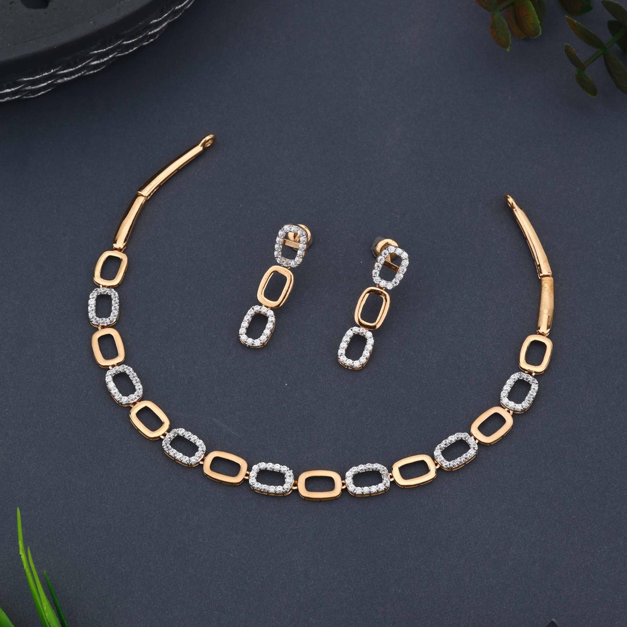 Rose Gold Rectangle Link Necklace Set